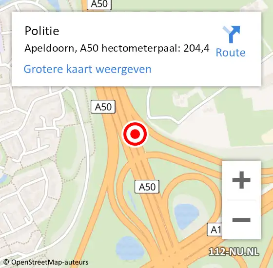 Locatie op kaart van de 112 melding: Politie Apeldoorn, A50 hectometerpaal: 204,4 op 14 januari 2022 17:45