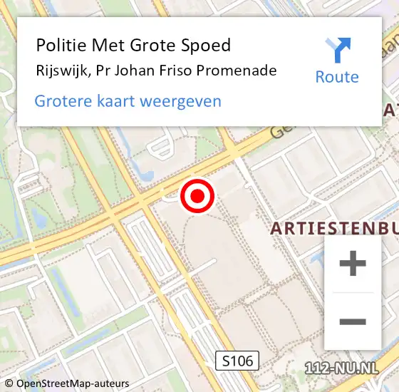 Locatie op kaart van de 112 melding: Politie Met Grote Spoed Naar Rijswijk, Pr Johan Friso Promenade op 14 januari 2022 18:51