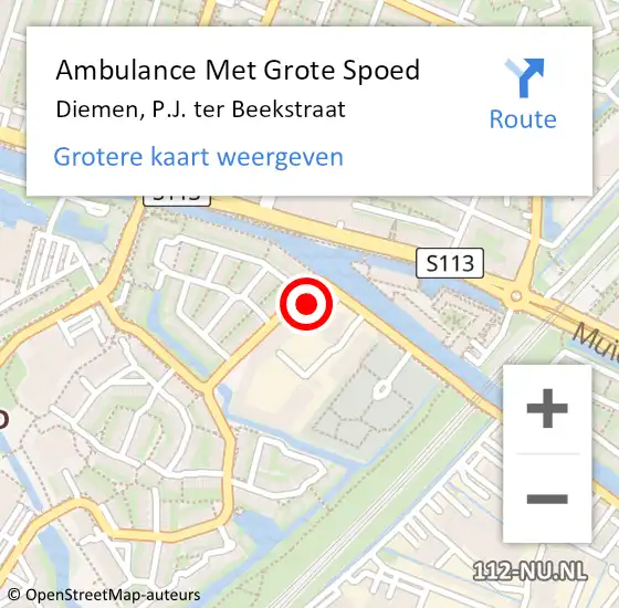 Locatie op kaart van de 112 melding: Ambulance Met Grote Spoed Naar Diemen, P.J. ter Beekstraat op 14 januari 2022 21:40