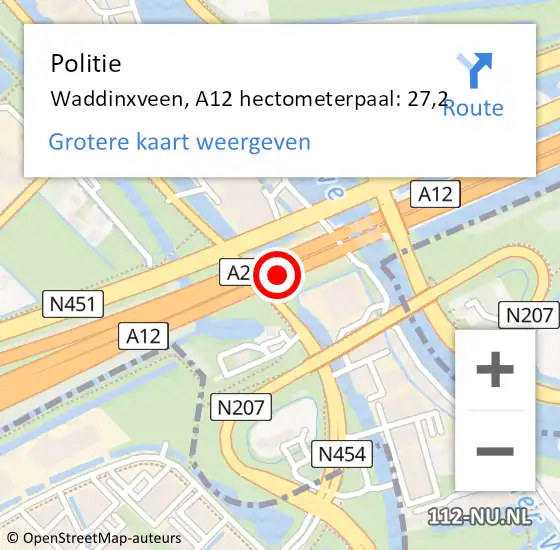 Locatie op kaart van de 112 melding: Politie Waddinxveen, A12 hectometerpaal: 27,2 op 15 januari 2022 01:41