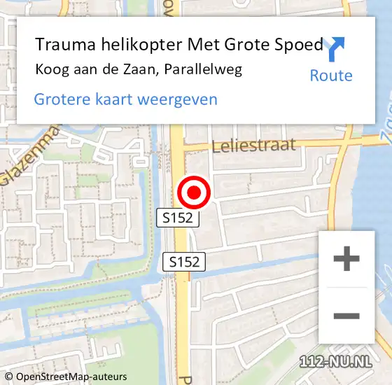 Locatie op kaart van de 112 melding: Trauma helikopter Met Grote Spoed Naar Koog aan de Zaan, Parallelweg op 15 januari 2022 07:28