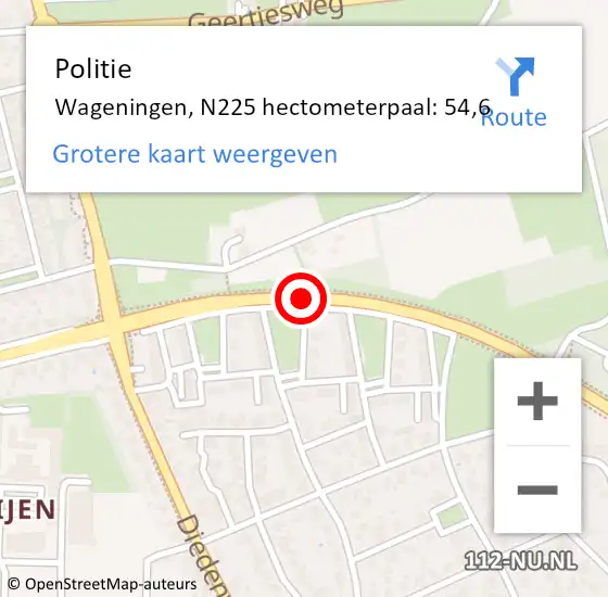 Locatie op kaart van de 112 melding: Politie Wageningen, N225 hectometerpaal: 54,6 op 15 januari 2022 12:29