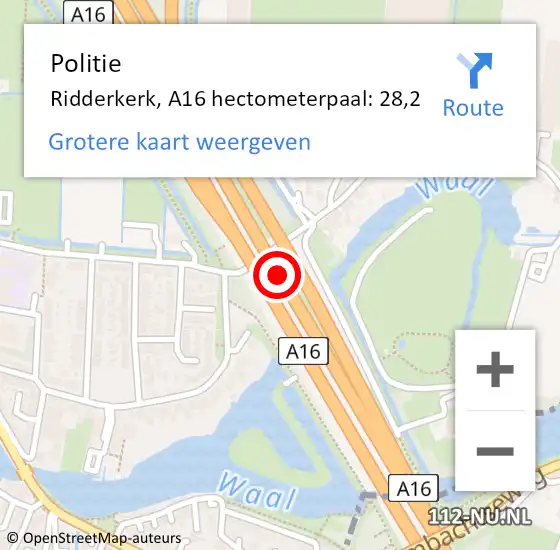 Locatie op kaart van de 112 melding: Politie Ridderkerk, A16 hectometerpaal: 28,2 op 15 januari 2022 12:30