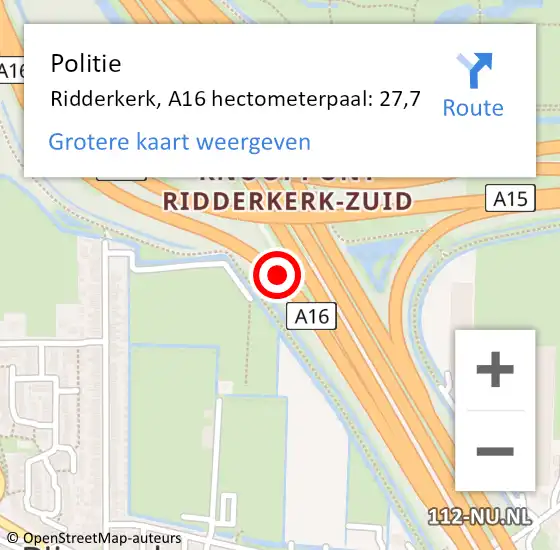 Locatie op kaart van de 112 melding: Politie Ridderkerk, A16 hectometerpaal: 27,7 op 15 januari 2022 13:22