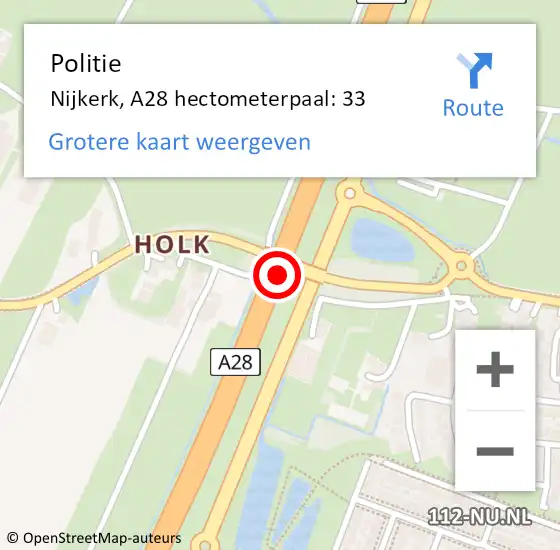 Locatie op kaart van de 112 melding: Politie Nijkerk, A28 hectometerpaal: 33 op 15 januari 2022 16:12