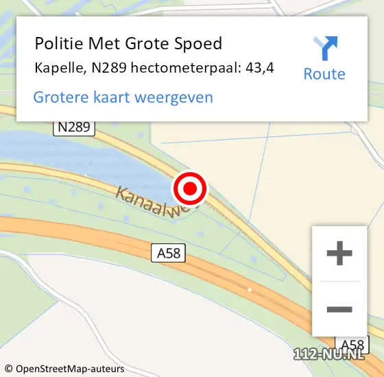 Locatie op kaart van de 112 melding: Politie Met Grote Spoed Naar Kapelle, N289 hectometerpaal: 43,4 op 15 januari 2022 18:36