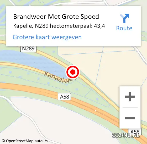 Locatie op kaart van de 112 melding: Brandweer Met Grote Spoed Naar Kapelle, N289 hectometerpaal: 43,4 op 15 januari 2022 18:37