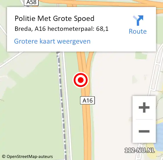 Locatie op kaart van de 112 melding: Politie Met Grote Spoed Naar Breda, A16 hectometerpaal: 68,1 op 15 januari 2022 19:17