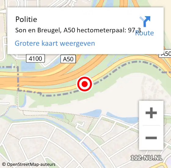 Locatie op kaart van de 112 melding: Politie Son en Breugel, A50 hectometerpaal: 97,3 op 15 januari 2022 23:26