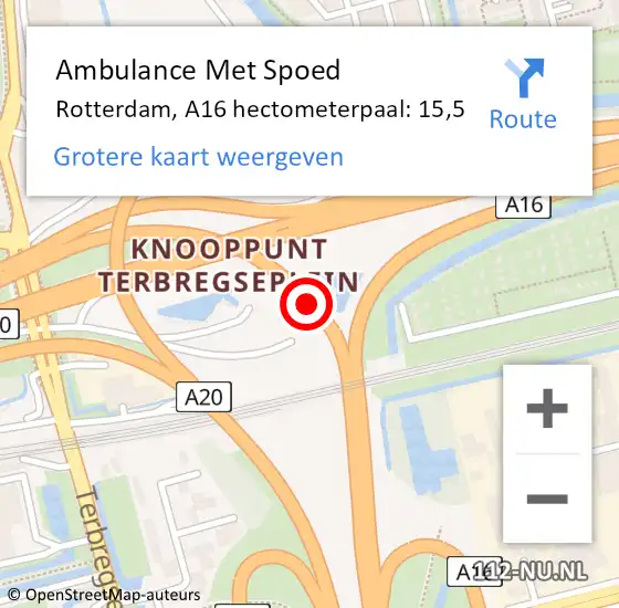 Locatie op kaart van de 112 melding: Ambulance Met Spoed Naar Rotterdam, A16 hectometerpaal: 15,5 op 16 januari 2022 03:29