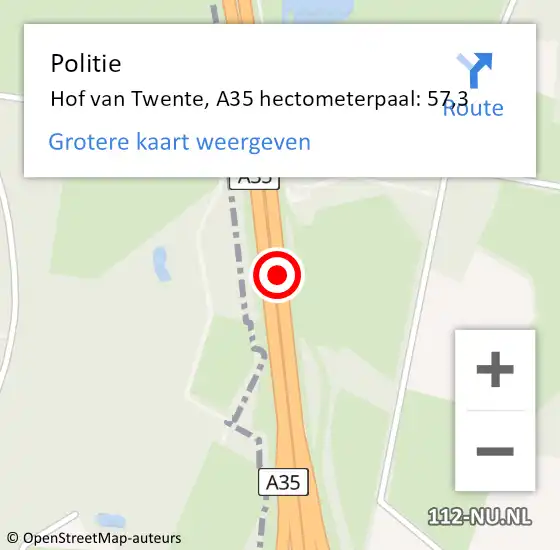 Locatie op kaart van de 112 melding: Politie Hof van Twente, A35 hectometerpaal: 57,3 op 16 januari 2022 05:56