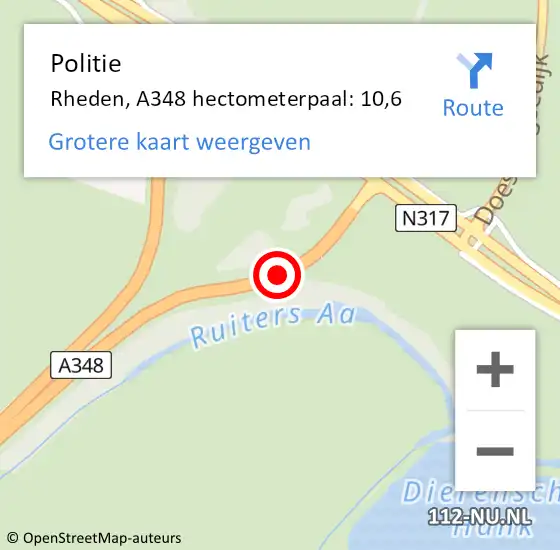 Locatie op kaart van de 112 melding: Politie Rheden, A348 hectometerpaal: 10,6 op 16 januari 2022 05:57