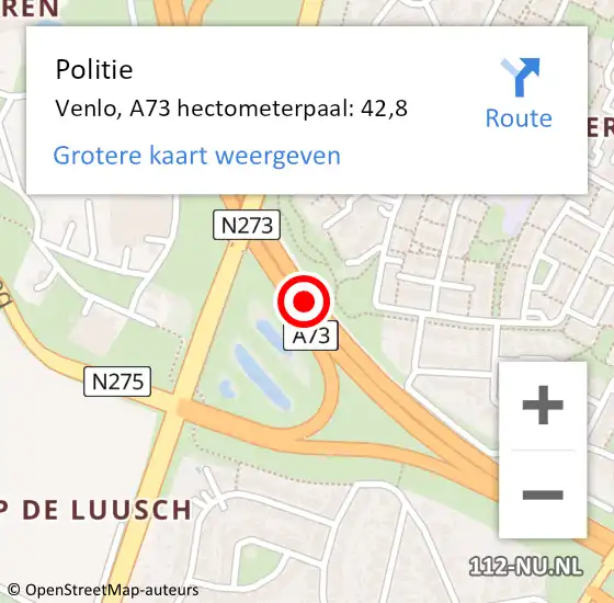 Locatie op kaart van de 112 melding: Politie Venlo, A73 hectometerpaal: 42,8 op 16 januari 2022 07:38