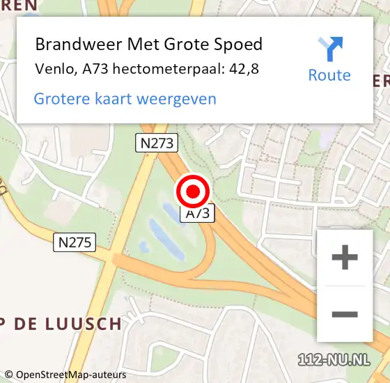 Locatie op kaart van de 112 melding: Brandweer Met Grote Spoed Naar Venlo, A73 hectometerpaal: 42,8 op 16 januari 2022 07:39