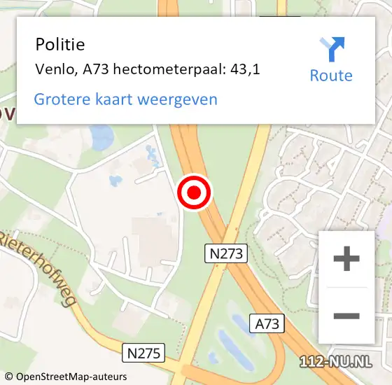 Locatie op kaart van de 112 melding: Politie Venlo, A73 hectometerpaal: 43,1 op 16 januari 2022 07:41