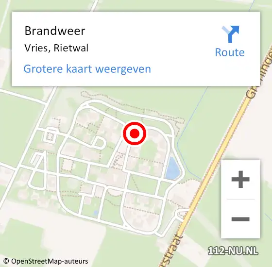 Locatie op kaart van de 112 melding: Brandweer Vries, Rietwal op 16 januari 2022 10:09