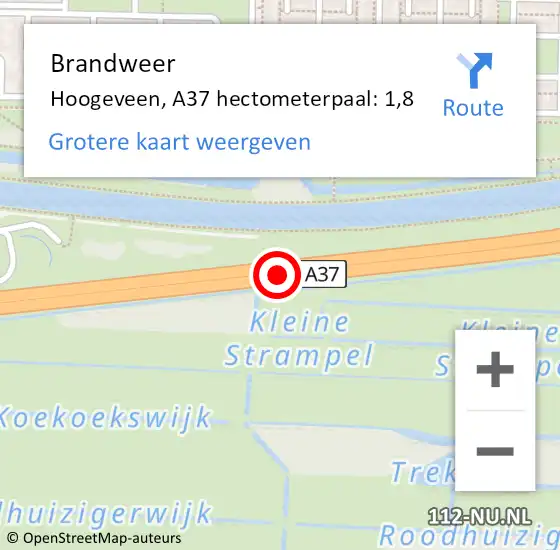 Locatie op kaart van de 112 melding: Brandweer Hoogeveen, A37 hectometerpaal: 1,8 op 16 januari 2022 11:03