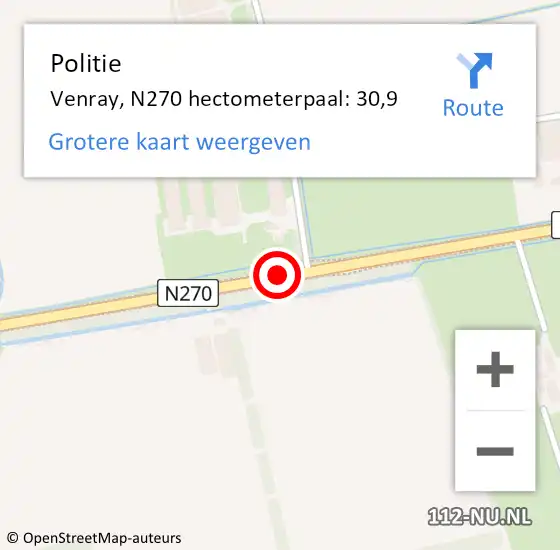 Locatie op kaart van de 112 melding: Politie Venray, N270 hectometerpaal: 30,9 op 16 januari 2022 12:05