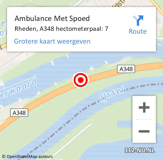 Locatie op kaart van de 112 melding: Ambulance Met Spoed Naar Rheden, A348 hectometerpaal: 7 op 16 januari 2022 18:29