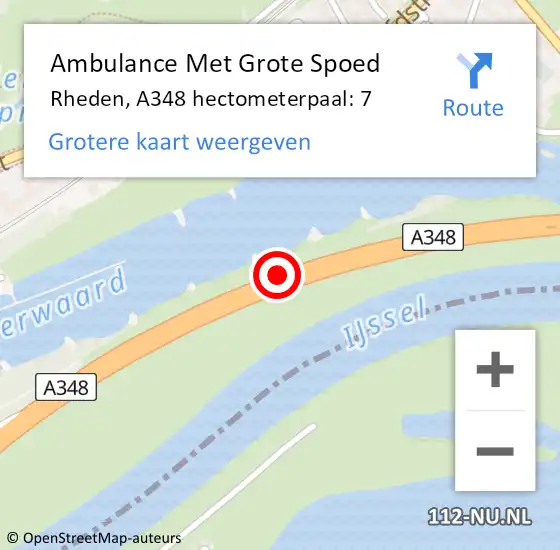 Locatie op kaart van de 112 melding: Ambulance Met Grote Spoed Naar Rheden, A348 hectometerpaal: 7 op 16 januari 2022 18:34