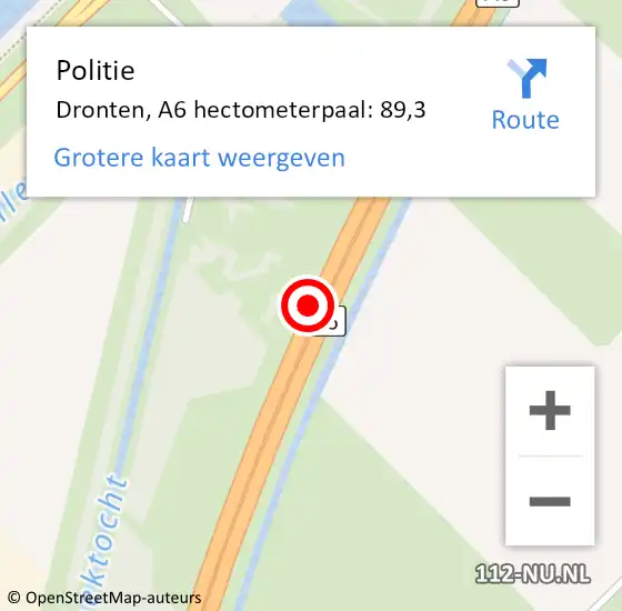 Locatie op kaart van de 112 melding: Politie Dronten, A6 hectometerpaal: 89,3 op 16 januari 2022 20:30