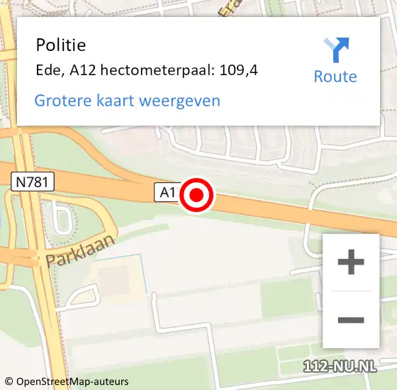 Locatie op kaart van de 112 melding: Politie Ede, A12 hectometerpaal: 109,4 op 16 januari 2022 20:52