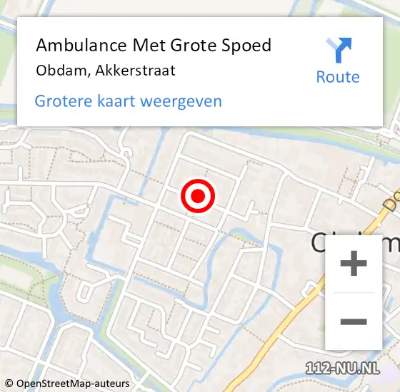 Locatie op kaart van de 112 melding: Ambulance Met Grote Spoed Naar Obdam, Akkerstraat op 16 januari 2022 23:41