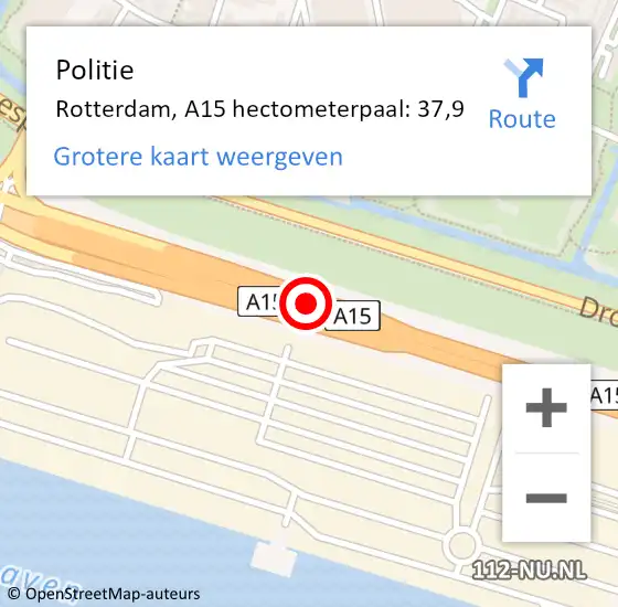 Locatie op kaart van de 112 melding: Politie Rotterdam, A15 hectometerpaal: 37,9 op 17 januari 2022 06:33