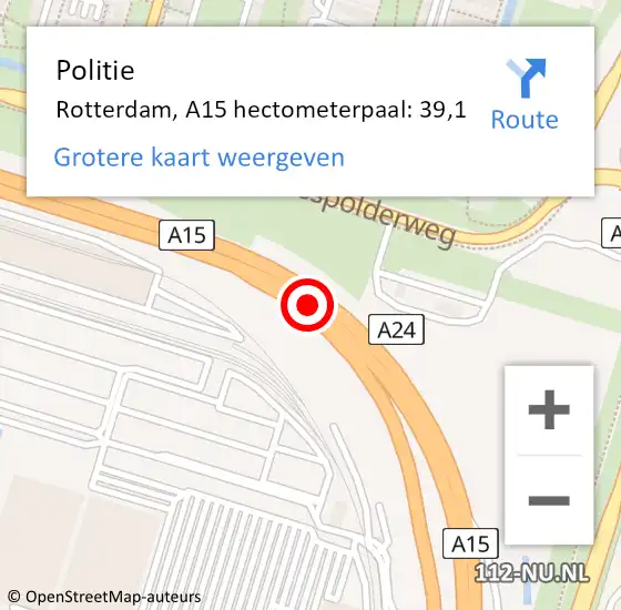 Locatie op kaart van de 112 melding: Politie Rotterdam, A15 hectometerpaal: 39,1 op 17 januari 2022 06:36