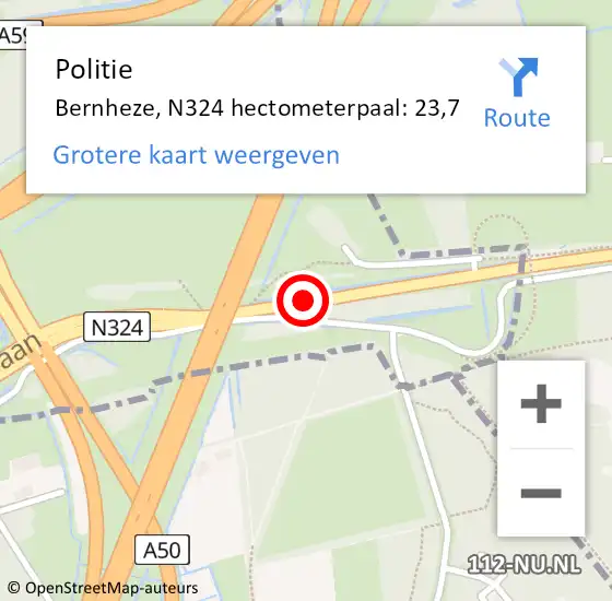 Locatie op kaart van de 112 melding: Politie Bernheze, N324 hectometerpaal: 23,7 op 17 januari 2022 08:09