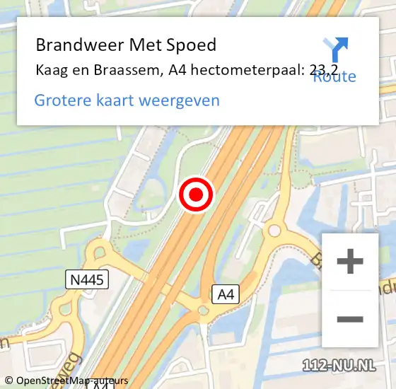 Locatie op kaart van de 112 melding: Brandweer Met Spoed Naar Kaag en Braassem, A4 hectometerpaal: 23,2 op 17 januari 2022 08:45