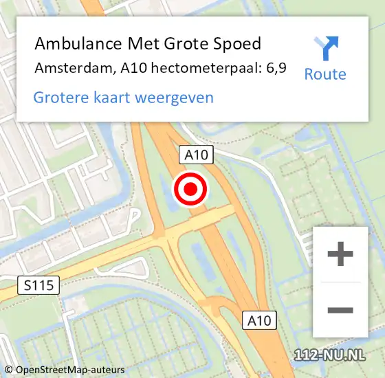 Locatie op kaart van de 112 melding: Ambulance Met Grote Spoed Naar Amsterdam, A10 hectometerpaal: 6,9 op 17 januari 2022 08:47
