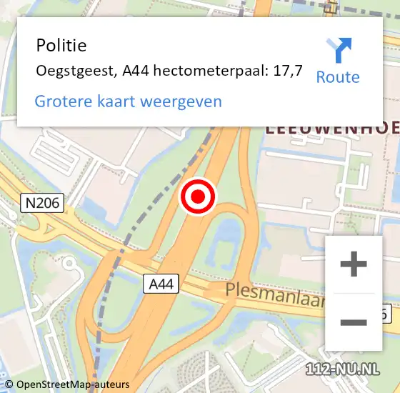 Locatie op kaart van de 112 melding: Politie Oegstgeest, A44 hectometerpaal: 17,7 op 17 januari 2022 09:18