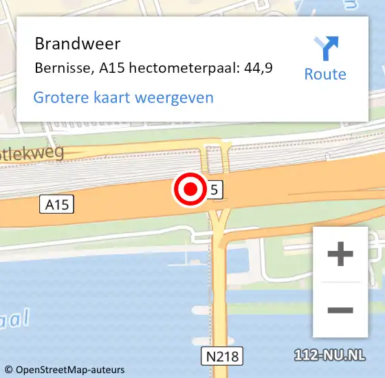 Locatie op kaart van de 112 melding: Brandweer Bernisse, A15 hectometerpaal: 44,9 op 17 januari 2022 10:26