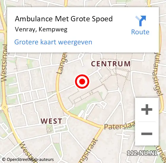 Locatie op kaart van de 112 melding: Ambulance Met Grote Spoed Naar Venray, Kempweg op 17 januari 2022 11:22