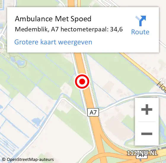 Locatie op kaart van de 112 melding: Ambulance Met Spoed Naar Medemblik, A7 hectometerpaal: 34,6 op 17 januari 2022 12:12