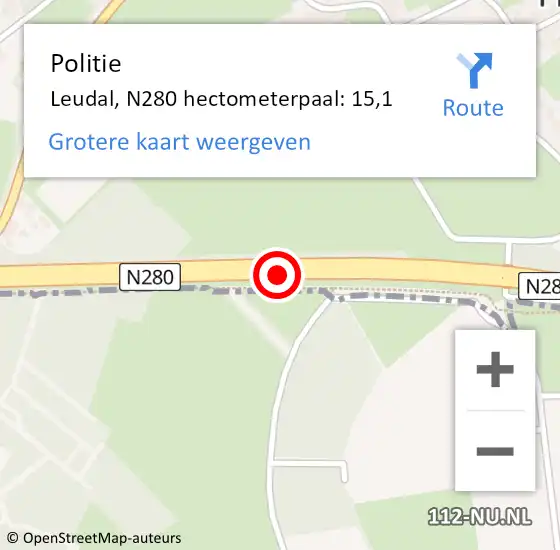 Locatie op kaart van de 112 melding: Politie Leudal, N280 hectometerpaal: 15,1 op 17 januari 2022 13:59