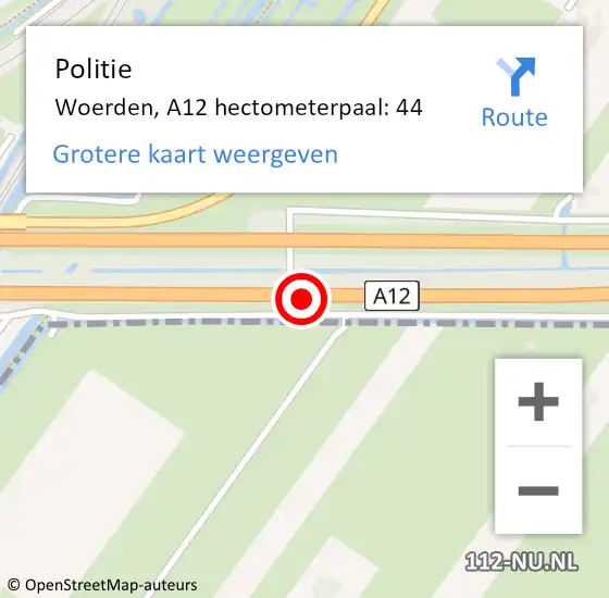 Locatie op kaart van de 112 melding: Politie Woerden, A12 hectometerpaal: 44 op 17 januari 2022 15:21