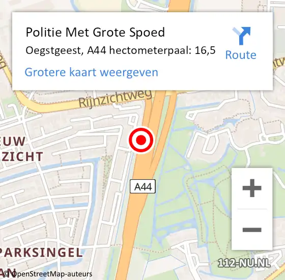 Locatie op kaart van de 112 melding: Politie Met Grote Spoed Naar Oegstgeest, A44 hectometerpaal: 16,5 op 17 januari 2022 16:23