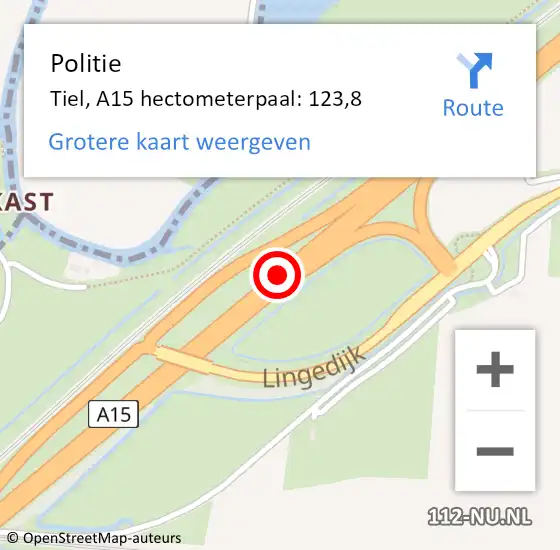 Locatie op kaart van de 112 melding: Politie Tiel, A15 hectometerpaal: 123,8 op 17 januari 2022 16:25