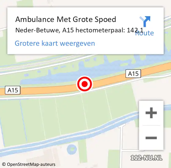Locatie op kaart van de 112 melding: Ambulance Met Grote Spoed Naar Neder-Betuwe, A15 hectometerpaal: 142,1 op 17 januari 2022 16:26