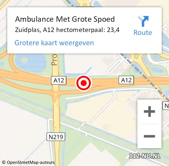 Locatie op kaart van de 112 melding: Ambulance Met Grote Spoed Naar Zuidplas, A12 hectometerpaal: 23,4 op 17 januari 2022 18:29