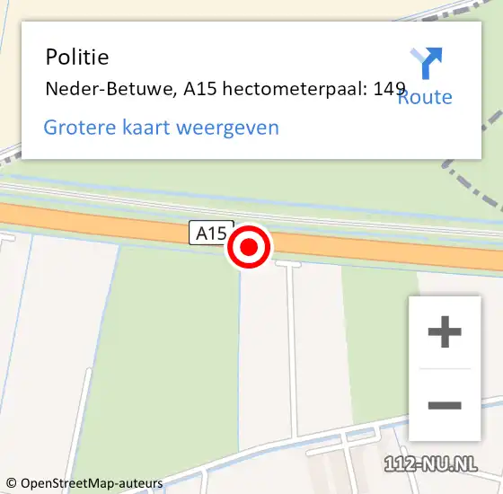 Locatie op kaart van de 112 melding: Politie Neder-Betuwe, A15 hectometerpaal: 149 op 17 januari 2022 19:02