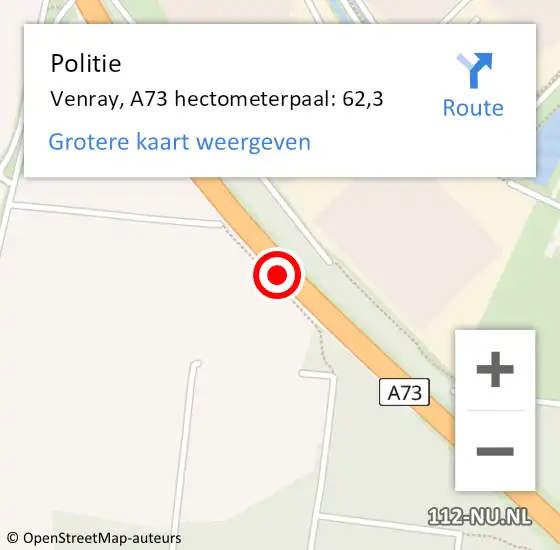 Locatie op kaart van de 112 melding: Politie Venray, A73 hectometerpaal: 62,3 op 17 januari 2022 19:25