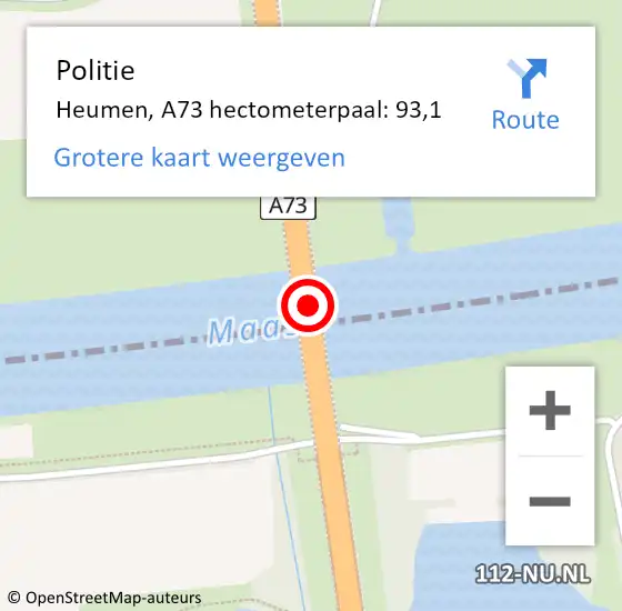 Locatie op kaart van de 112 melding: Politie Heumen, A73 hectometerpaal: 93,1 op 17 januari 2022 19:56