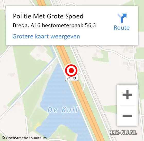Locatie op kaart van de 112 melding: Politie Met Grote Spoed Naar Breda, A16 hectometerpaal: 56,3 op 18 januari 2022 05:49
