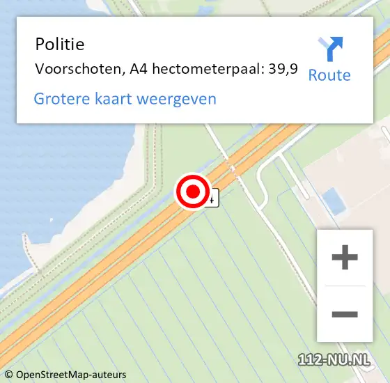 Locatie op kaart van de 112 melding: Politie Leidschendam-Voorburg, A4 hectometerpaal: 39,9 op 18 januari 2022 07:32