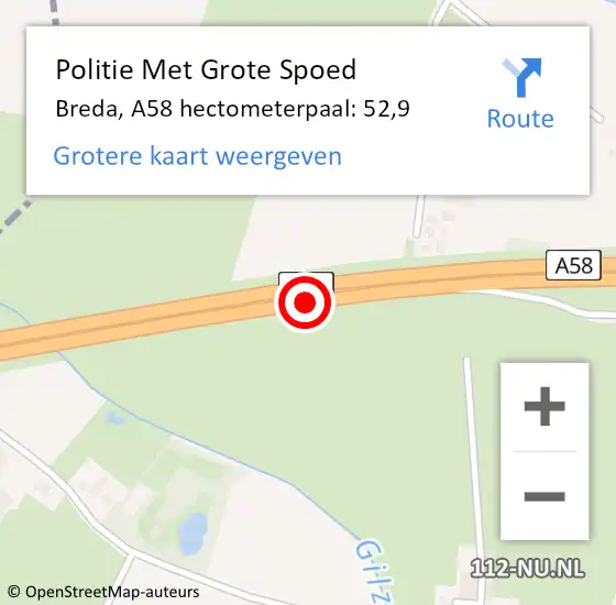 Locatie op kaart van de 112 melding: Politie Met Grote Spoed Naar Breda, A58 hectometerpaal: 52,9 op 18 januari 2022 07:57