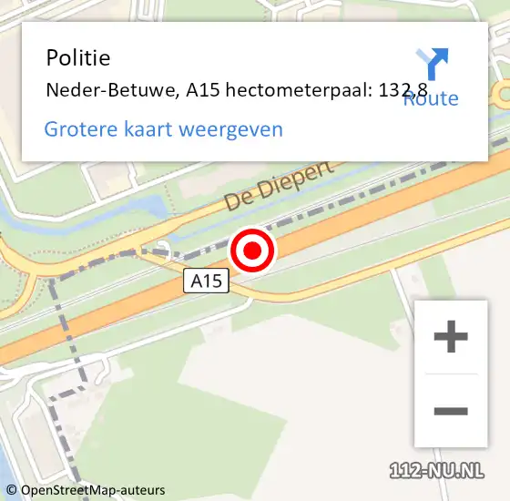 Locatie op kaart van de 112 melding: Politie Neder-Betuwe, A15 hectometerpaal: 132,8 op 18 januari 2022 08:25