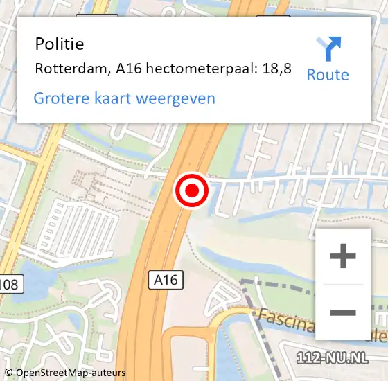 Locatie op kaart van de 112 melding: Politie Rotterdam, A16 hectometerpaal: 18,8 op 18 januari 2022 08:28